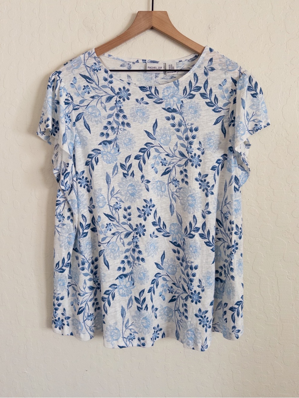 Rachel Zoe Linen Jersey Short Cap Sleeve Crewneck T-Shirt Tee 2X Blue Floral